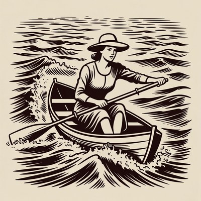 Woman rowing boat in waves