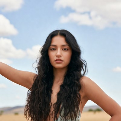 Woman with long black hair in field