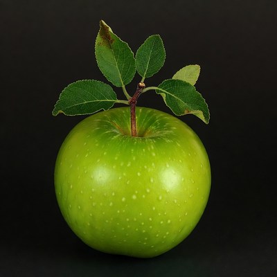 Green apple with stem and leaves