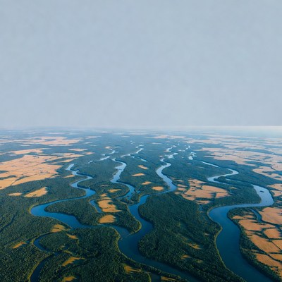 Aerial View of Winding Rivers and Forests