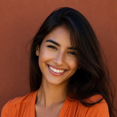Smiling woman with long dark hair