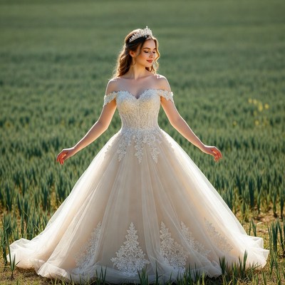 Woman in lace wedding gown in field