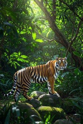 Tiger standing in lush jungle