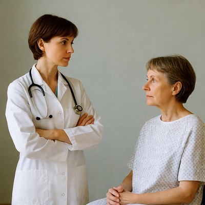 Doctor talking to elderly female patient