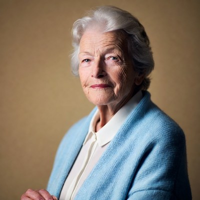 Elderly woman in blue sweater