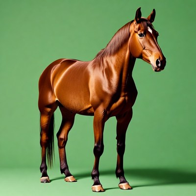 Bay horse standing on green background