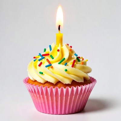 Cupcake with lit birthday candle