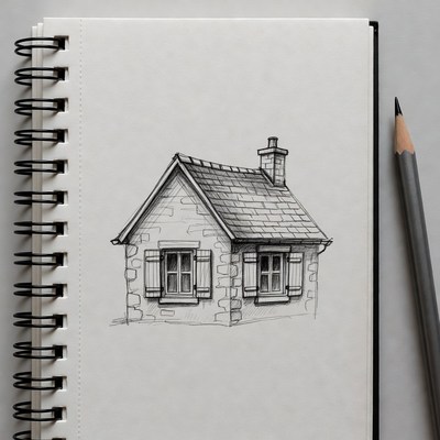 Pencil sketch of house in notebook