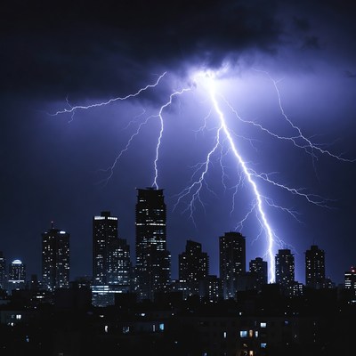 Lightning Storm Over City Skyline