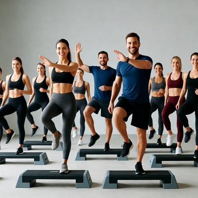 Group Fitness Class on Steppers
