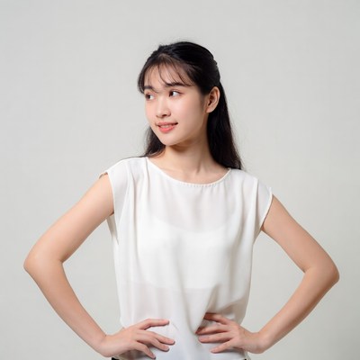 Asian woman smiling with hands on hips