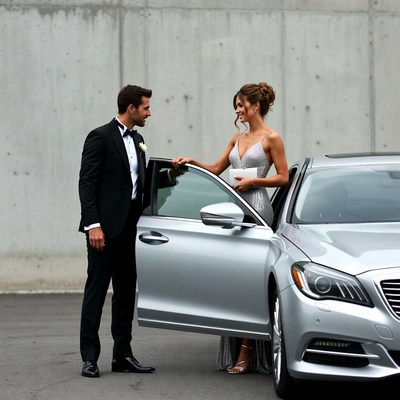 Man opening car door for woman in gown