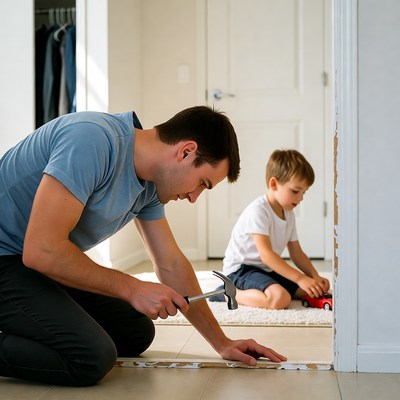 Father and son fixing door frame