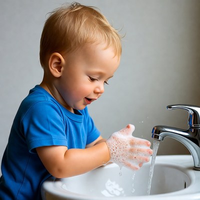Toddler washing hands with soap