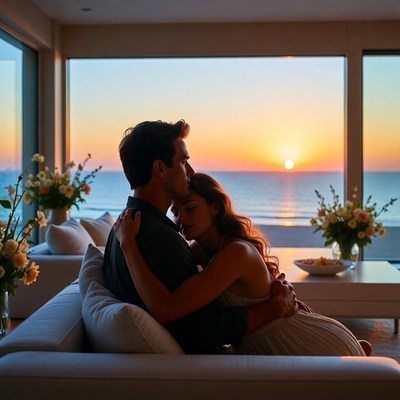 Couple embracing on sofa at sunset