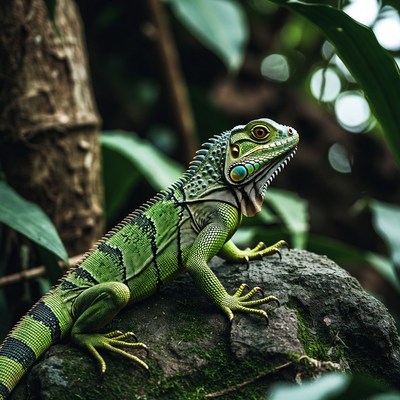 Green iguana on mossy rock