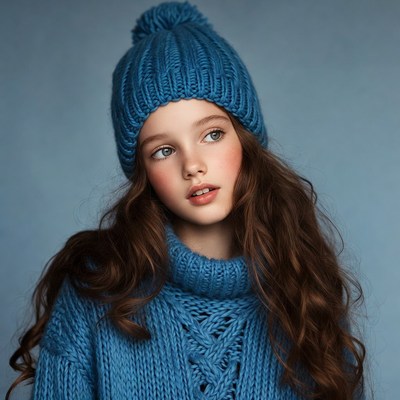 Girl in blue knit beanie and sweater