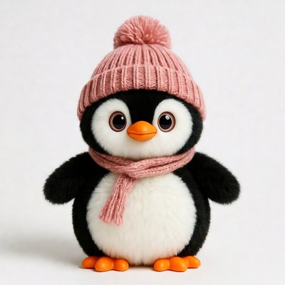 Penguin wearing pink hat scarf