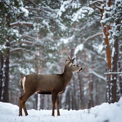 Deer standing in snowy pine forest