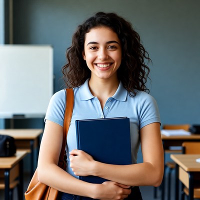 Smiling girl holding book in classroom