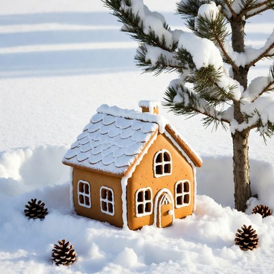 Gingerbread house in snowy landscape
