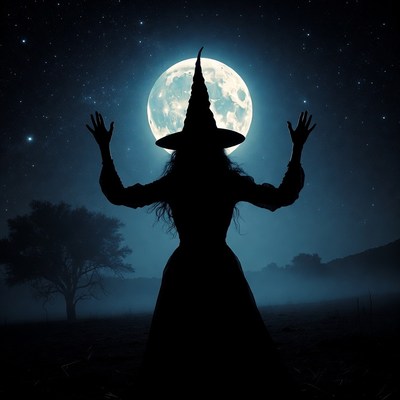 Silhouette witch raising arms under full moon