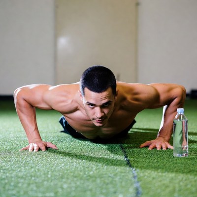 Muscular man doing pushups on gym mat