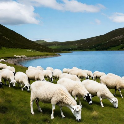 Sheep grazing by blue lake