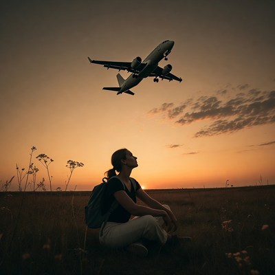 Woman watching airplane at sunset