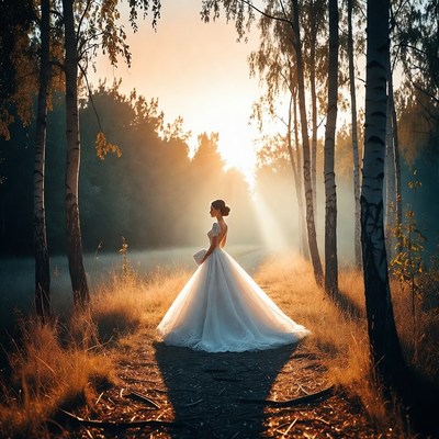 Bride in white gown in birch forest sunset