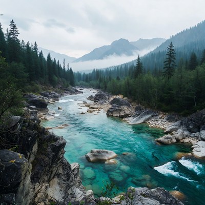Turquoise River in Misty Mountains