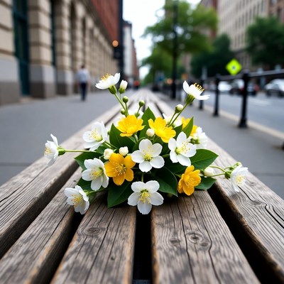 Yellow and White Flowers on Park Bench