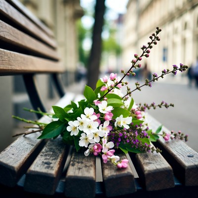 Flower Bouquet on Park Bench