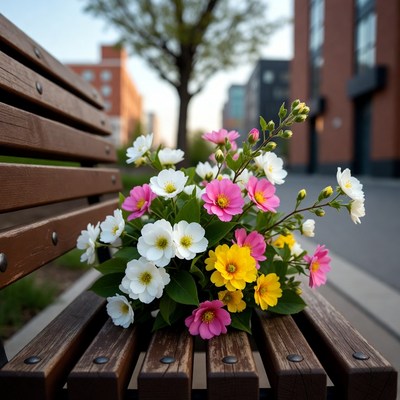 Colorful Flowers Bouquet on Park Bench