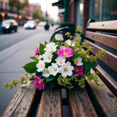 Flower Bouquet on Wooden Bench