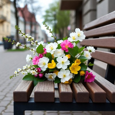 Colorful Spring Flowers on Park Bench