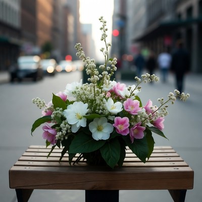 Flower Bouquet on Bench Urban Street
