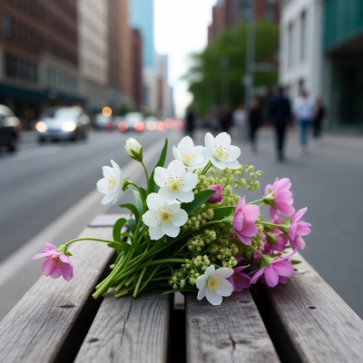 Bouquet of white and pink flowers on park bench