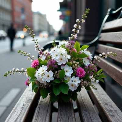 Flower Bouquet on Park Bench