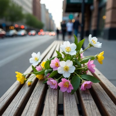 Flower Bouquet on Urban Street Bench