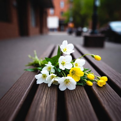 White and Yellow Flowers on Wooden Bench