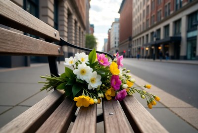 Colorful Flowers Bouquet on Urban Bench
