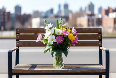 Colorful Flowers Bouquet on Park Bench