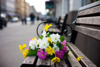 Colorful Flowers Bouquet on Park Bench