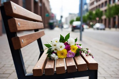 Bouquet of flowers on park bench
