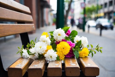Colorful Flowers Bouquet on Park Bench