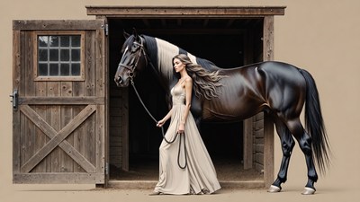 Woman holding lead rope of horse