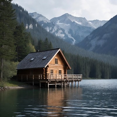Log cabin on lake with mountains