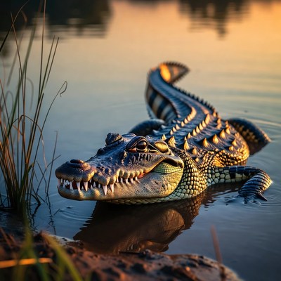 Alligator in swamp water at sunset