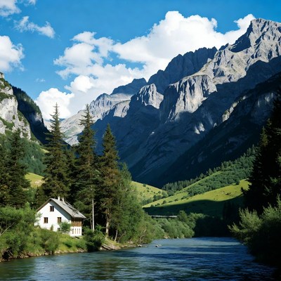 Swiss Chalet by River and Mountains